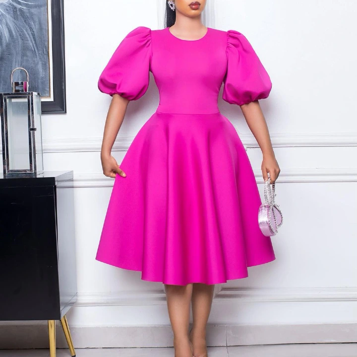 A Line Dress New Fashion skirt Large size S-3XL blow knee bubble sleeve Round neck 6 colors dresses wedding dinner party dress K055