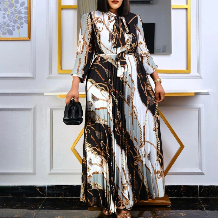 Woman Dress New Fashion Print skirt Pleated skirt dress with belt Large size S-3XL blow knee long sleeve Commuter suit 2 colors dresses wedding dinner party dress K063