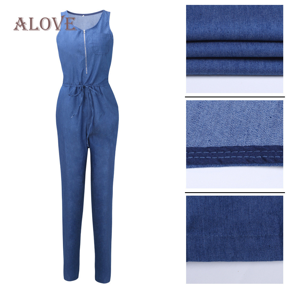 ALOVE jeans overalls wide leg jumpsuits Dark blue Vintage Casual Waist V-neck Patchwork sleeveless