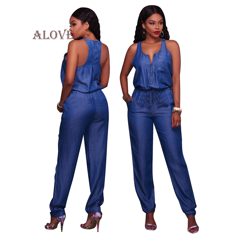 ALOVE jeans overalls wide leg jumpsuits Dark blue Vintage Casual Waist V-neck Patchwork sleeveless
