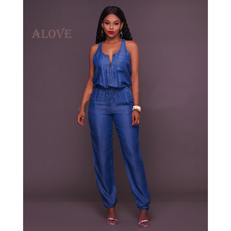 ALOVE jeans overalls wide leg jumpsuits Dark blue Vintage Casual Waist V-neck Patchwork sleeveless