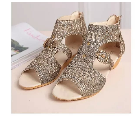 Rhodos Fashion Roman Shoes Female Low Heel Rhinestone Slip Ladies Sandals Gold 37