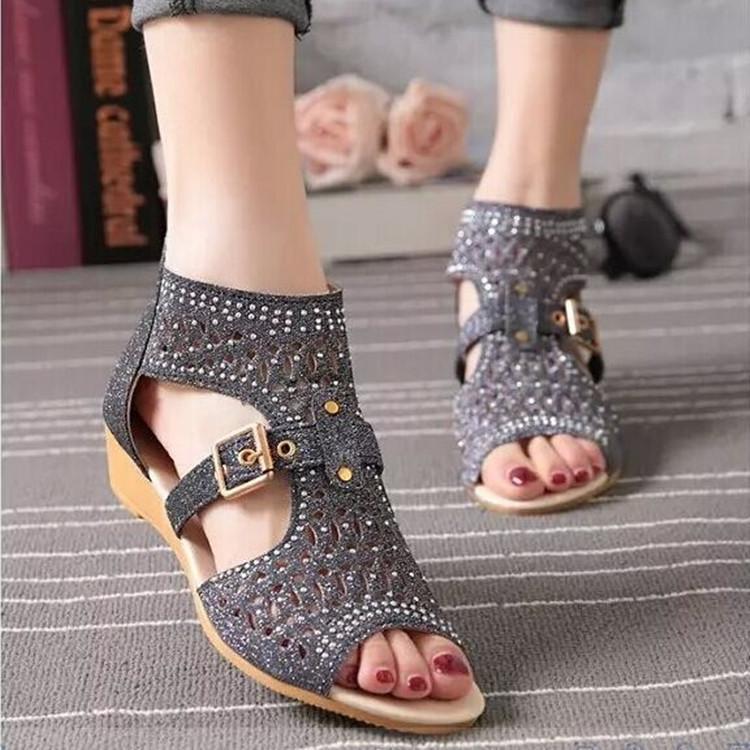 Rhodos Fashion Roman Shoes Female Low Heel Rhinestone Slip Ladies Sandals Gold 37