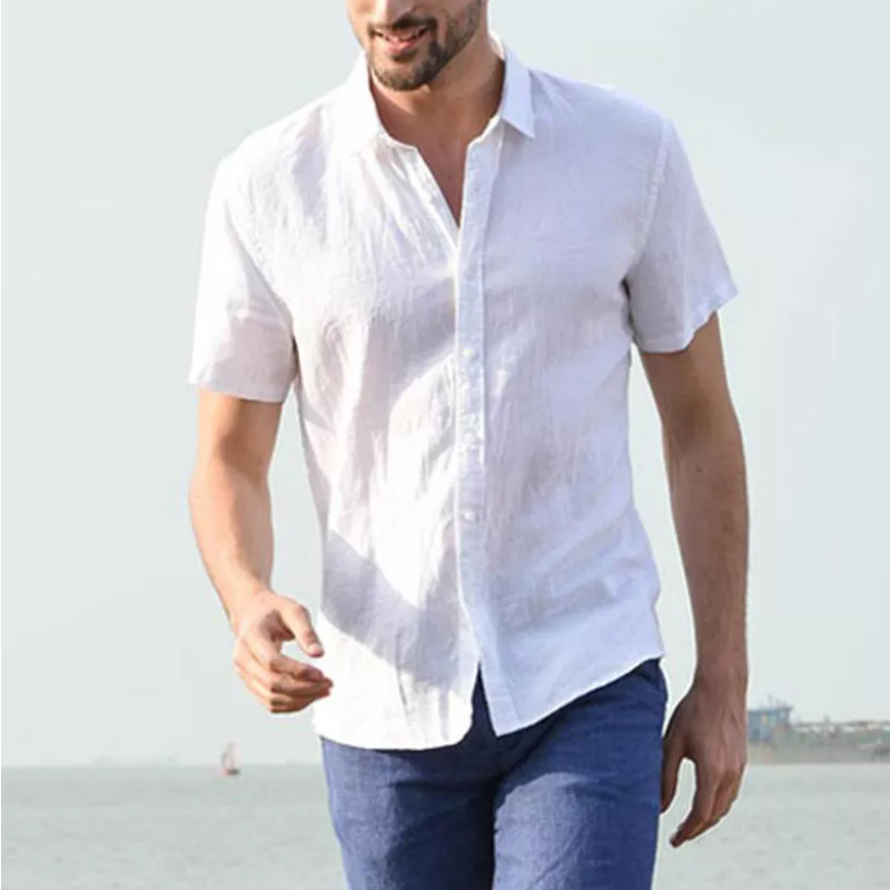 2019 New Men Casual Cotton linen shirt Male Short Sleeve Shirts Summer Solid Color Shirt Tops S-5XL