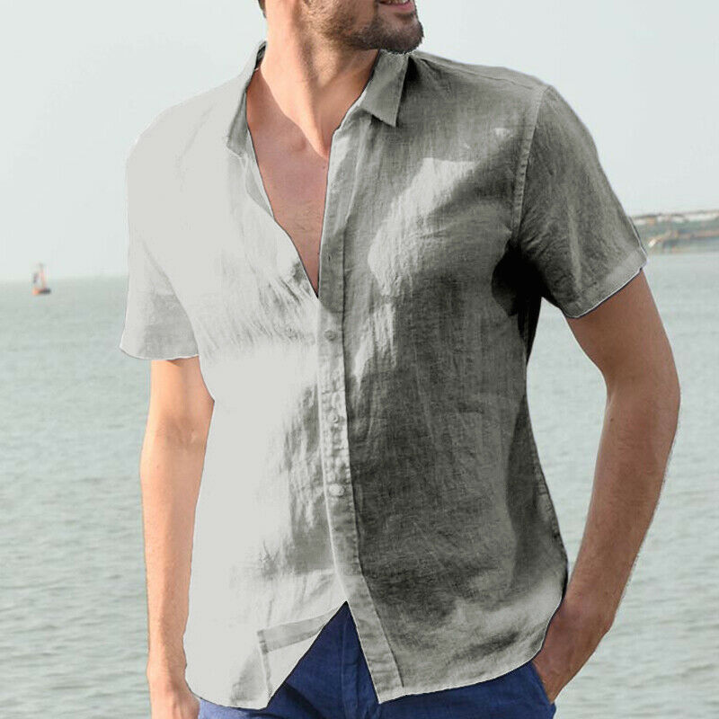 2019 New Men Casual Cotton linen shirt Male Short Sleeve Shirts Summer Solid Color Shirt Tops S-5XL