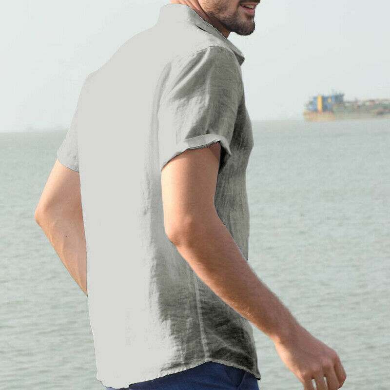2019 New Men Casual Cotton linen shirt Male Short Sleeve Shirts Summer Solid Color Shirt Tops S-5XL