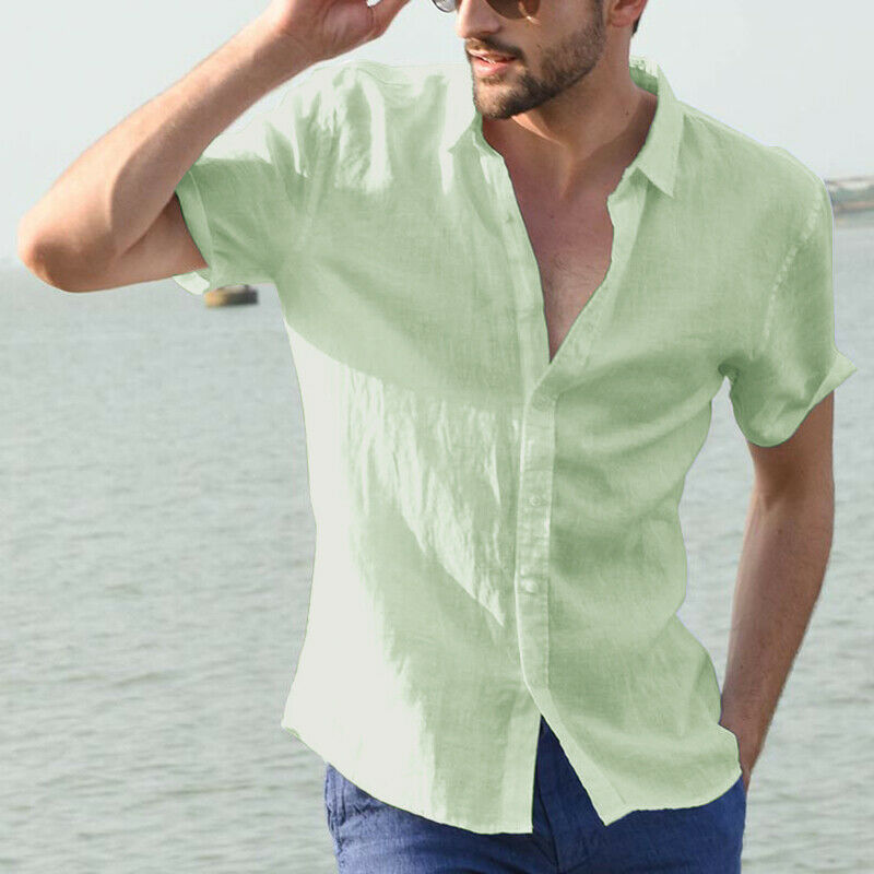 2019 New Men Casual Cotton linen shirt Male Short Sleeve Shirts Summer Solid Color Shirt Tops S-5XL