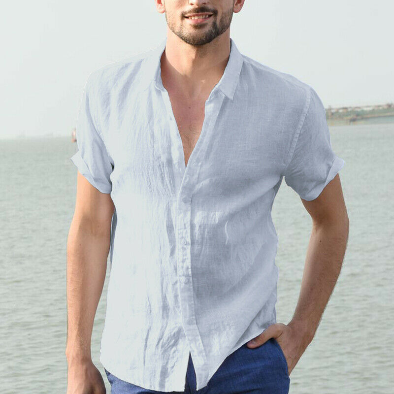 2019 New Men Casual Cotton linen shirt Male Short Sleeve Shirts Summer Solid Color Shirt Tops S-5XL