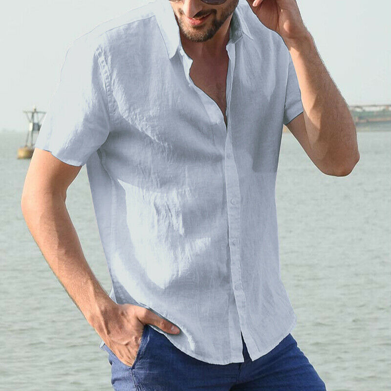 2019 New Men Casual Cotton linen shirt Male Short Sleeve Shirts Summer Solid Color Shirt Tops S-5XL