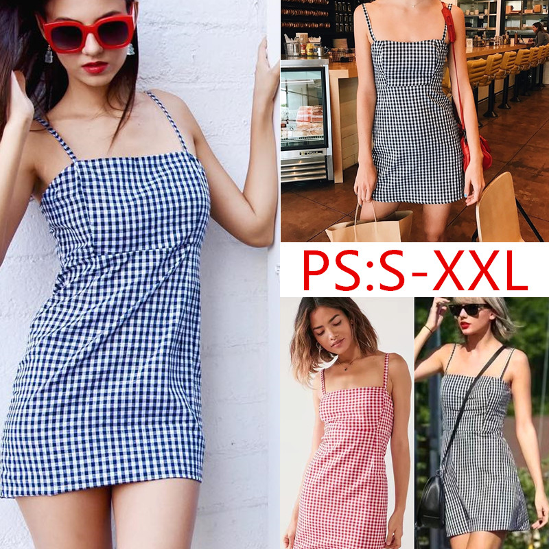 Dress Women Plaid Dress Sleeveless Checked Mini Sun Dress Sexy Femme Ladies Dresses