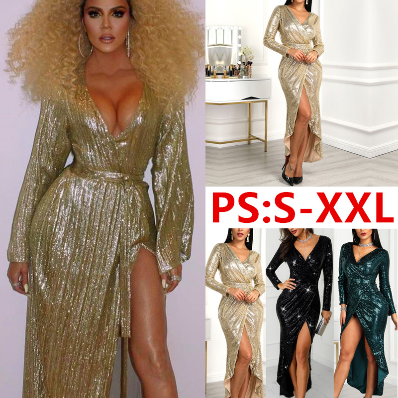Dress Lady Gold Sequined Long Sleeve Bridemaid Dress Sexy Women Deep V Neck Party Club Split Dress