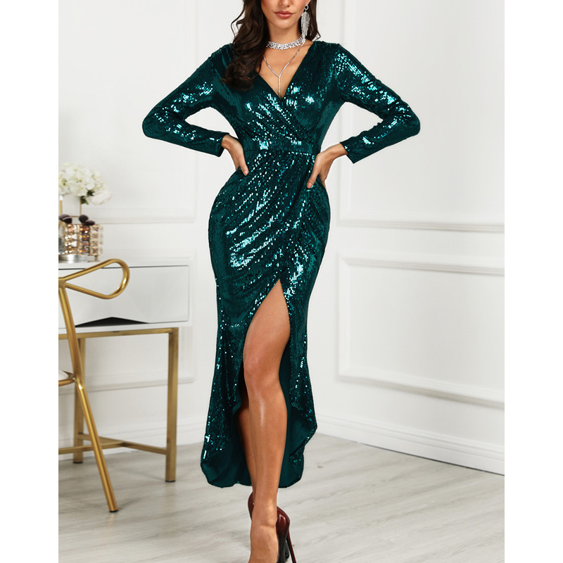 Dress Lady Gold Sequined Long Sleeve Bridemaid Dress Sexy Women Deep V Neck Party Club Split Dress
