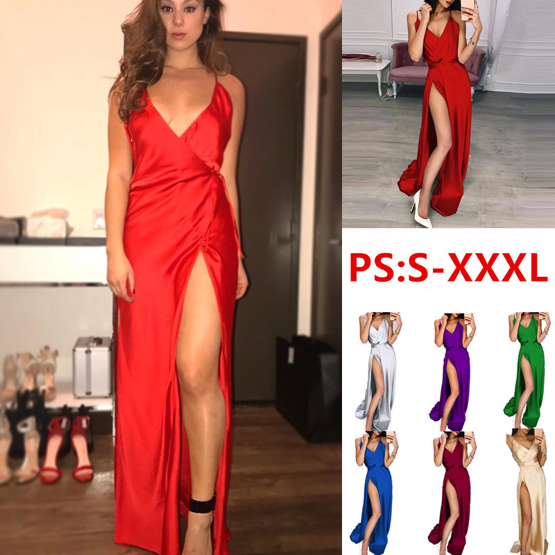 Dress Women Sexy Backless Deep V Neck Evening Party Female Long Dress Solid Color Split Nightclub