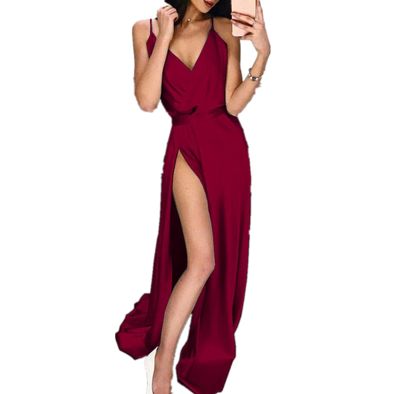 Dress Women Sexy Backless Deep V Neck Evening Party Female Long Dress Solid Color Split Nightclub