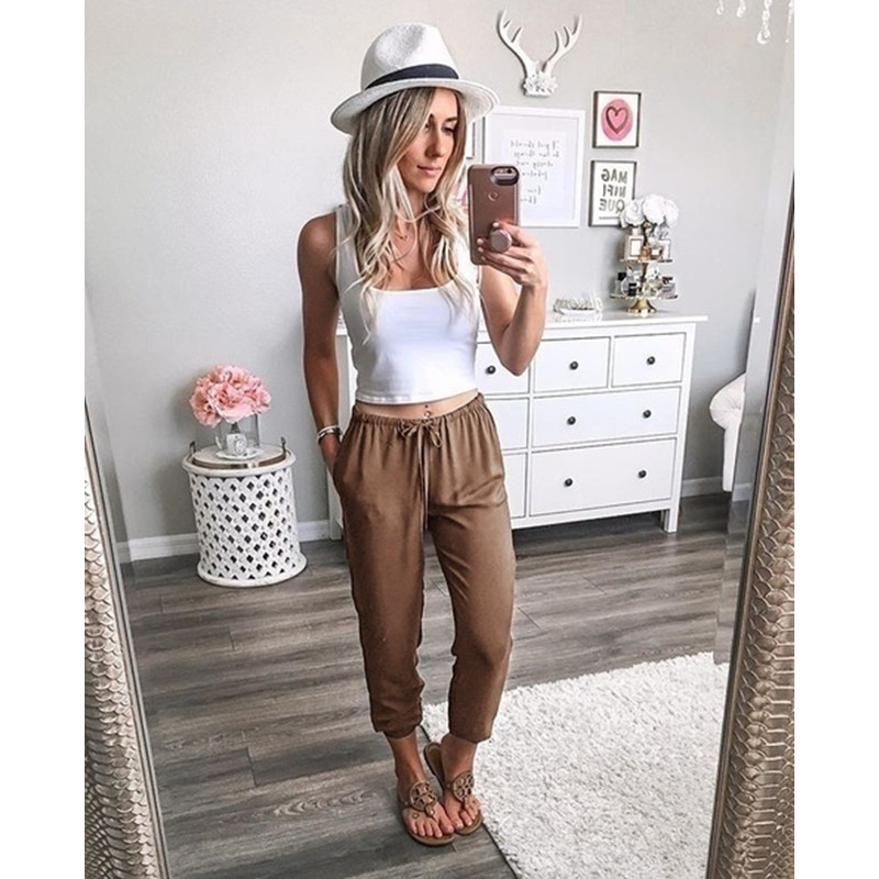 Pants New Women Fashion Harem Pants Loose Pants High Waist Ninth Pant Linen Trousers Lounge pants
