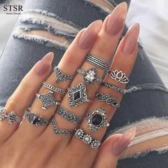 15 Pieces / set Jewelry Fashion Crystal Ring Woman's Crown Lotus Silver Ring Set Jewelry silver one size