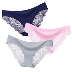 3pcs/lot Sexy Lace Lingerie Ladies Low Waist Hollow Transparent Panties Underwear Women's Clothes Pink+Black+Blue M