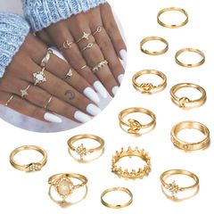 Wedding Feminine Jewelry Crystal Knuckle Ring Set 13PCS / Set Gift Bohemian Star gold one size