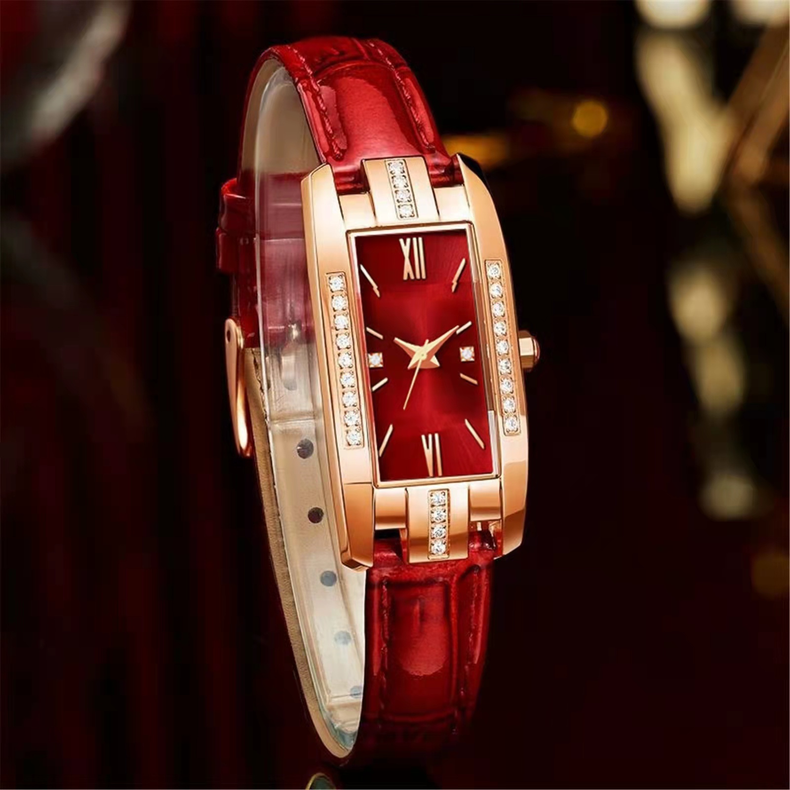 High quality Diamond classic retro women watch Leather belt quartz square green quartz watch Student women's wear clock luxury style