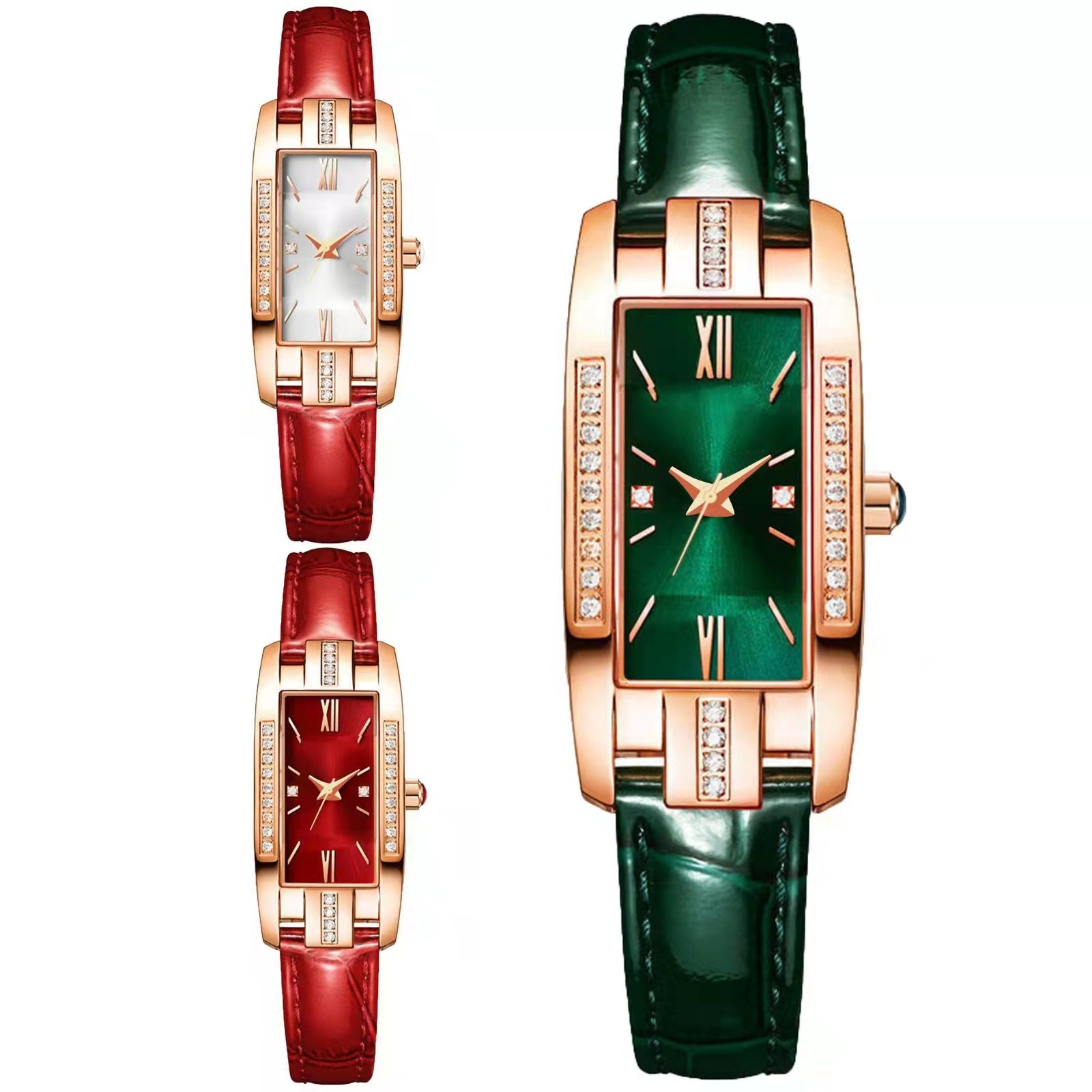 High quality Diamond classic retro women watch Leather belt quartz square green quartz watch Student women's wear clock luxury style