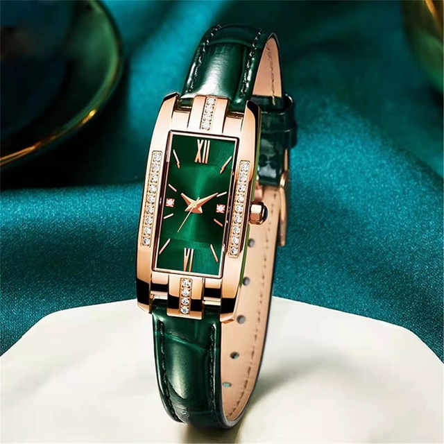 High quality Diamond classic retro women watch Leather belt quartz square green quartz watch Student women's wear clock luxury style