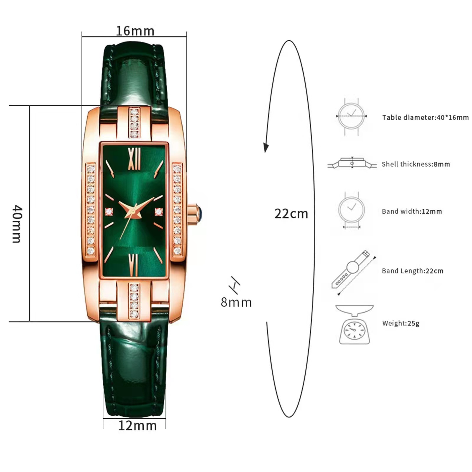 High quality Diamond classic retro women watch Leather belt quartz square green quartz watch Student women's wear clock luxury style