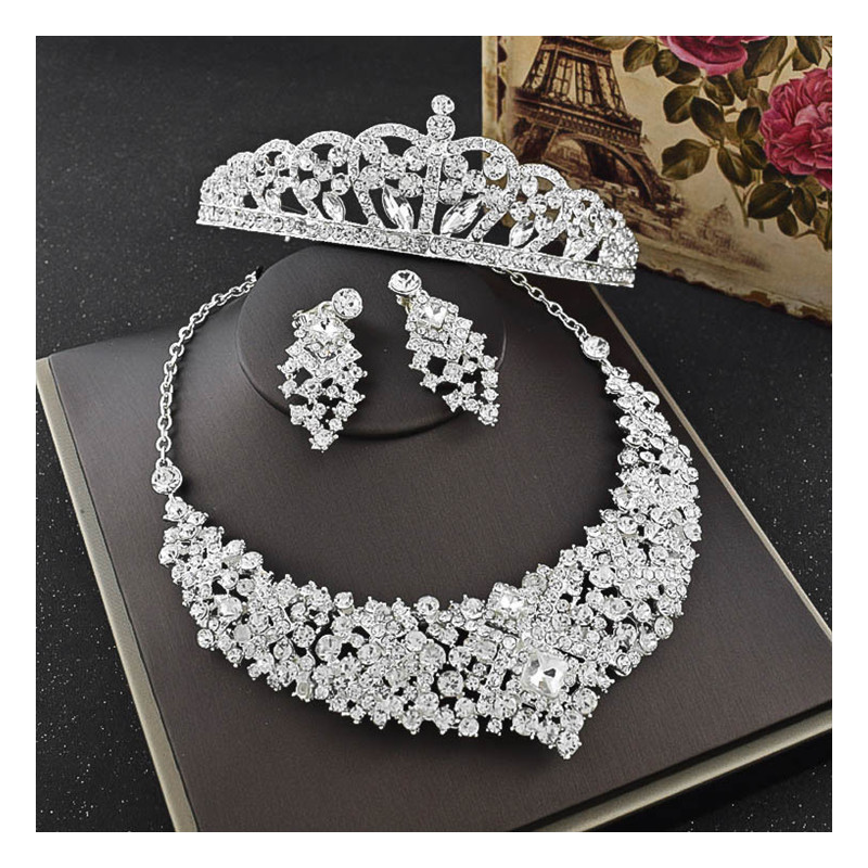 Luxury Grace Crystal Bridal Crown Necklace Earrings Wedding Sets Fashion Diamonds Lover Three Piece
