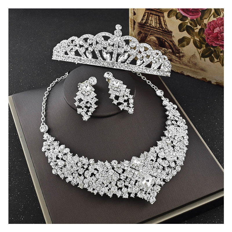 Luxury Grace Crystal Bridal Crown Necklace Earrings Wedding Sets Fashion Diamonds Lover Three Piece