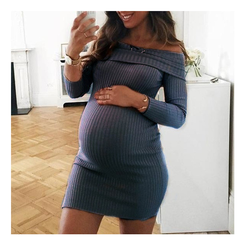 Fashion Autumn And Winter Keep Warm Long Sleeve One Shoulder Maternity Dress Sexy Maternity Dress