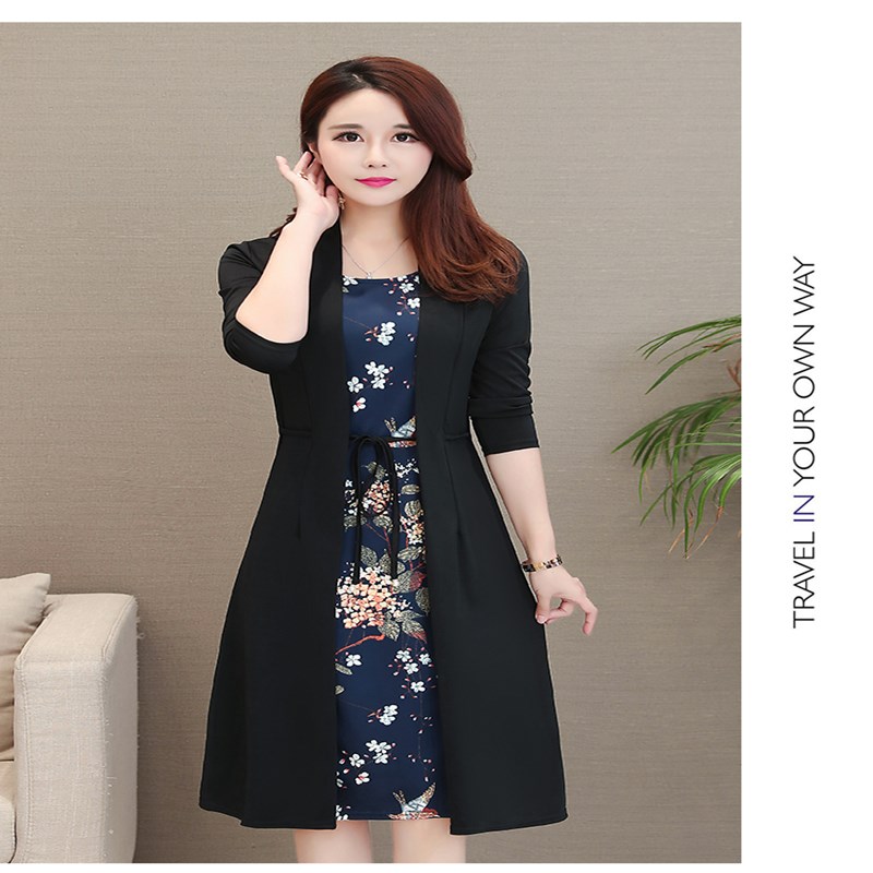 Elegant Lady Evening Dress White Collar Lady Office Dress 2-color Joint flowers Dress