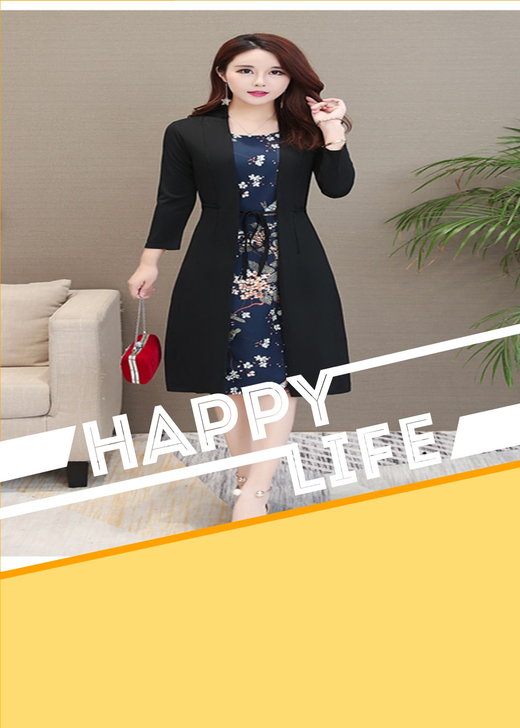 Elegant Lady Evening Dress White Collar Lady Office Dress 2-color Joint flowers Dress