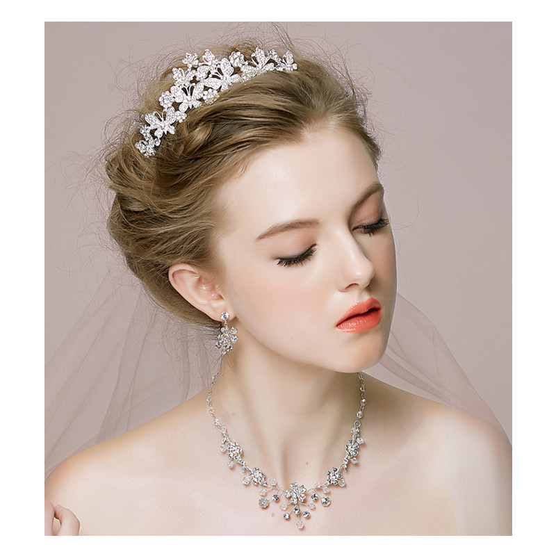 Luxury Crystal Bridal Crown Necklace Earrings Jewelry Sets Fashion Crystal Wedding Three Piece Suit