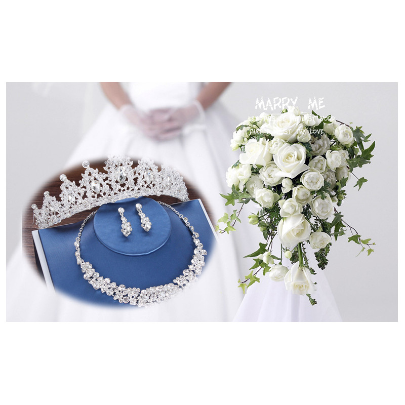 Luxury Crystal Bridal Crown Necklace Earrings Jewelry Sets Fashion Crystal Wedding Three Piece Suit