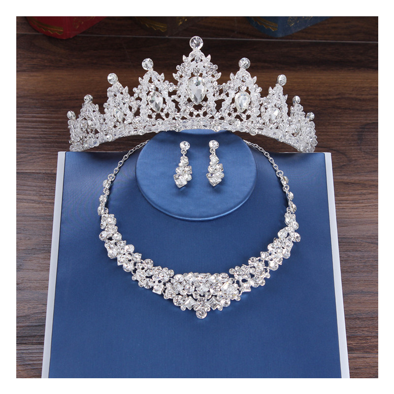 Luxury Crystal Bridal Crown Necklace Earrings Jewelry Sets Fashion Crystal Wedding Three Piece Suit