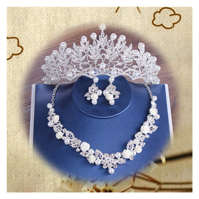 Happiness Bride Pearl Crystal Bridal Crown Necklace Earrings Jewelry Sets Wedding Jewelry Set