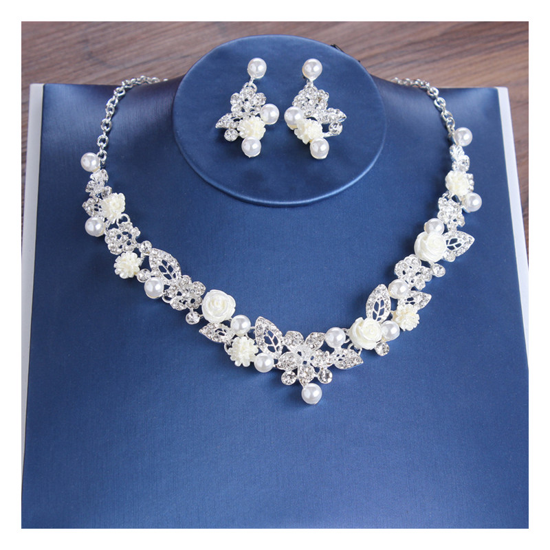 Happiness Bride Pearl Crystal Bridal Crown Necklace Earrings Jewelry Sets Wedding Jewelry Set