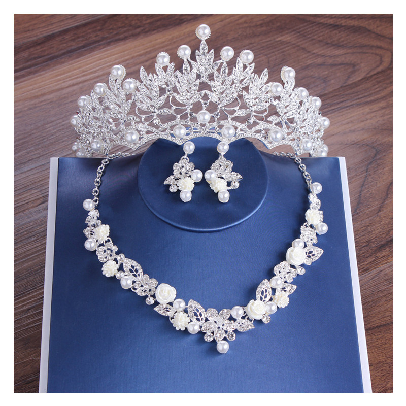 Happiness Bride Pearl Crystal Bridal Crown Necklace Earrings Jewelry Sets Wedding Jewelry Set