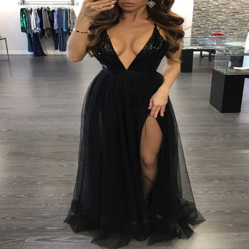 Popular Sexy Lady Evening Dress Floor Tail Sequins Girl Skirt High Quality High-V Neck Women Clothes