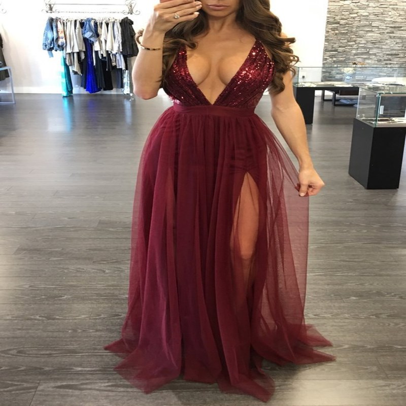 Popular Sexy Lady Evening Dress Floor Tail Sequins Girl Skirt High Quality High-V Neck Women Clothes