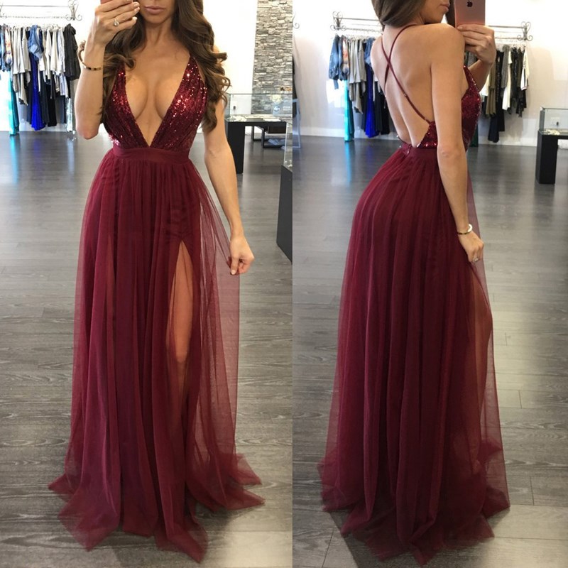 Popular Sexy Lady Evening Dress Floor Tail Sequins Girl Skirt High Quality High-V Neck Women Clothes