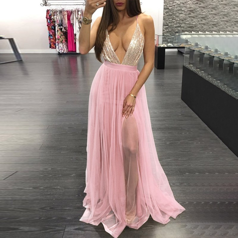 Popular Sexy Lady Evening Dress Floor Tail Sequins Girl Skirt High Quality High-V Neck Women Clothes