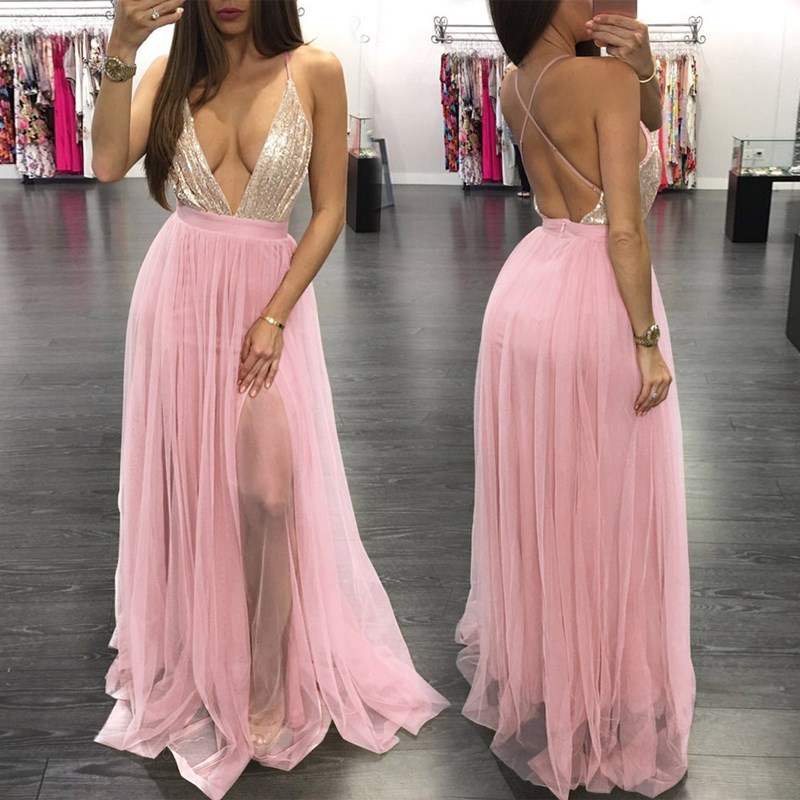 Popular Sexy Lady Evening Dress Floor Tail Sequins Girl Skirt High Quality High-V Neck Women Clothes