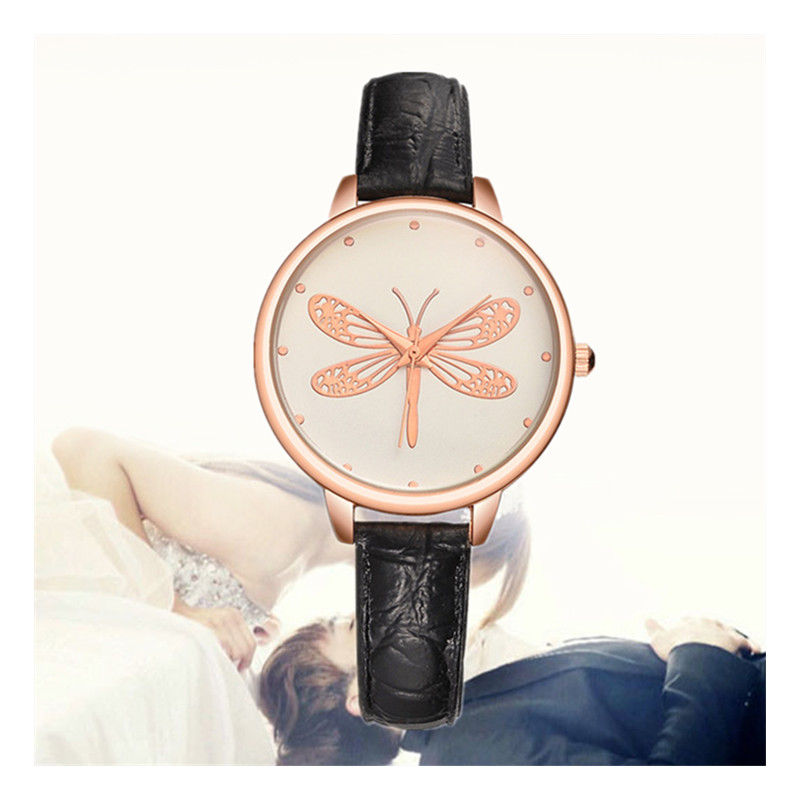 Fashion Leisure Ladies Big Dragonfly Watches Student Elegant Quartz Leather Band Watch Watches