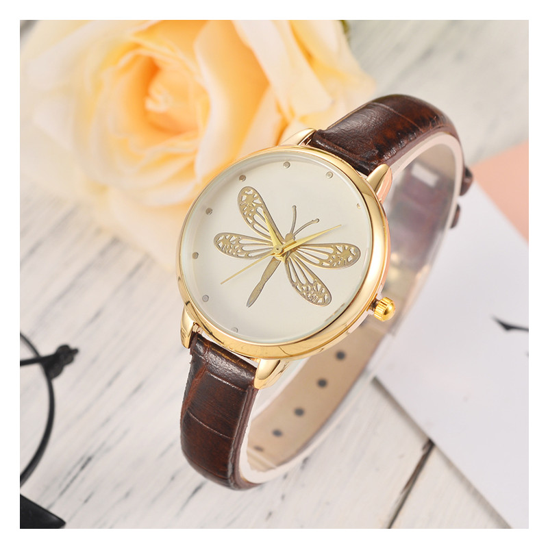 Fashion Leisure Ladies Big Dragonfly Watches Student Elegant Quartz Leather Band Watch Watches