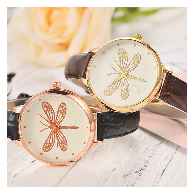 Fashion Leisure Ladies Big Dragonfly Watches Student Elegant Quartz Leather Band Watch Watches