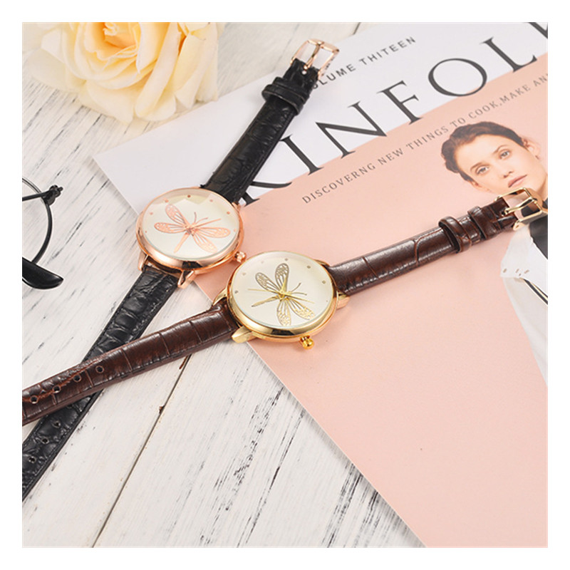 Fashion Leisure Ladies Big Dragonfly Watches Student Elegant Quartz Leather Band Watch Watches