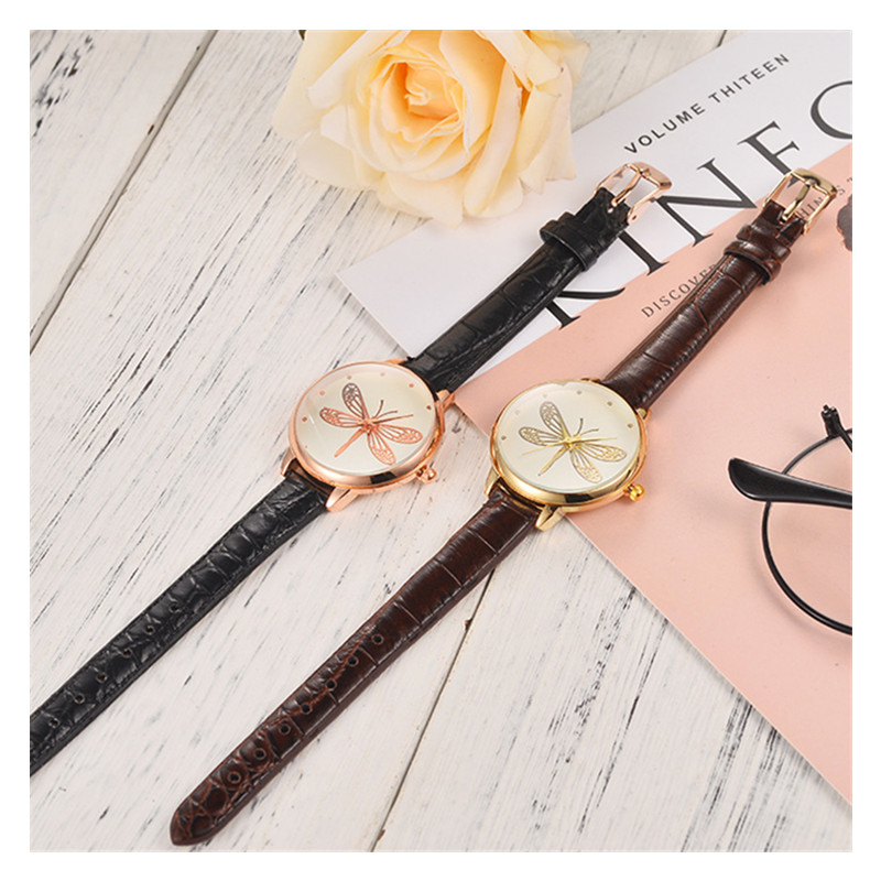 Fashion Leisure Ladies Big Dragonfly Watches Student Elegant Quartz Leather Band Watch Watches