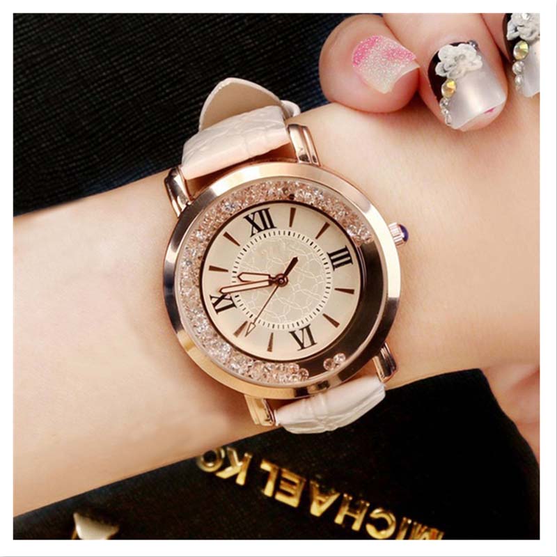 Luxury lady watch Rhinestone Leather Bracelet Wristwatch Women Fashion  Alloy Analog Quartz Watch