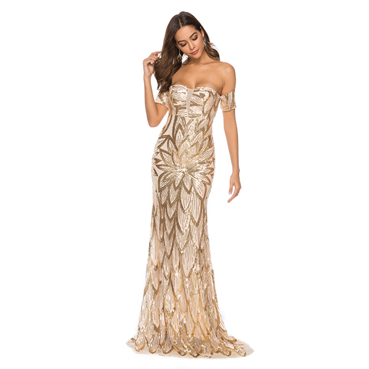 Sexy Personalized Evening Dress Off Shoulder Backless Long Skirt Lady Sequins Expansion Dress
