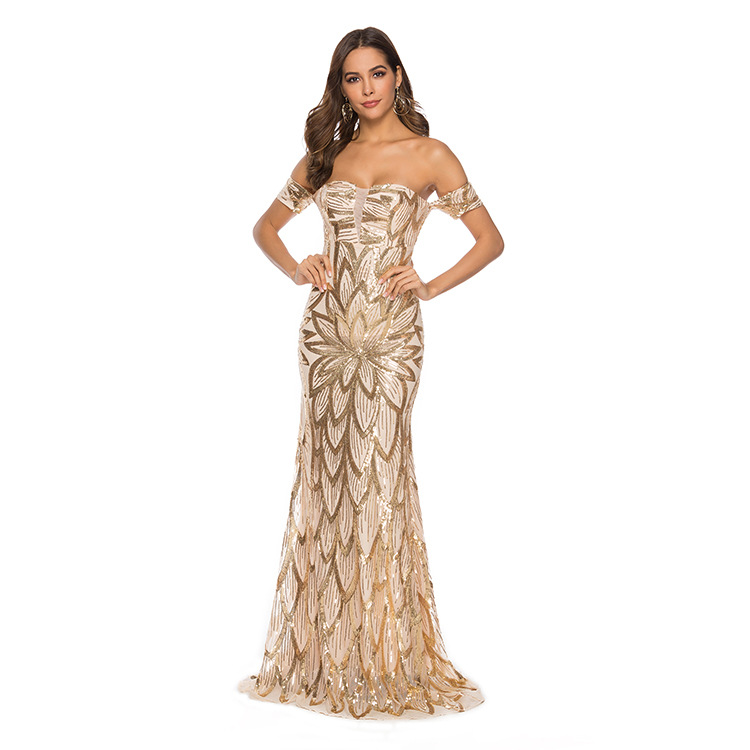 Sexy Personalized Evening Dress Off Shoulder Backless Long Skirt Lady Sequins Expansion Dress